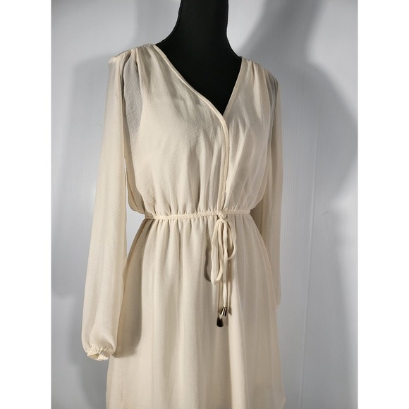 SOHO Apparel LTD.Long Sleeve Dress V-Neck Drawstring Waist  Beige Dress Size S - Picture 3 of 8